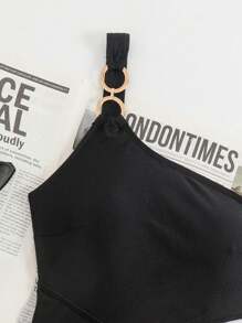 Swim Chiccia Women's Shiny Fabric Halter Neck Solid Splice Casual Beach One Piece Swimsuit, For Summer - Black - View 5