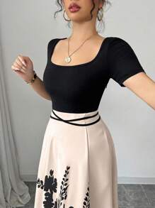 Rafferiza 女士优雅修身方领拼接腰带中式印花中长连衣裙