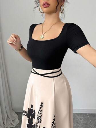 Rafferiza 女士优雅修身方领拼接腰带中式印花中长连衣裙