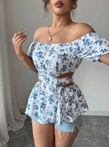 Rafferiza Women's Summer Holiday Off-Shoulder Cutout Waist Tie Blouse - Blue - View 6