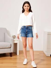 SHEIN كارديجان أبيض مثقوب خفيف الوزن مناسب للفتيات المراهقات، مناسب لمشاهد العطلات والمنزل، مناسب للأطفال للعب والارتداء في العودة للمدرسة - أبيض - مشاهدة 7