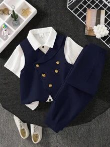 SHEIN 男宝宝绅士风夏季百搭套装 - 灰色背心外套，松紧腰长裤套装，适合生日派对、晚宴、演出、婚礼、迎婴派对、洗礼、一周岁生日庆祝等场合。男宝宝西装，藏蓝色男宝宝套装，18个月男童西装，绅士风穿搭，男宝宝背心套装，藏蓝色，适合秋冬季穿着。 - 彩色 - 查看 7