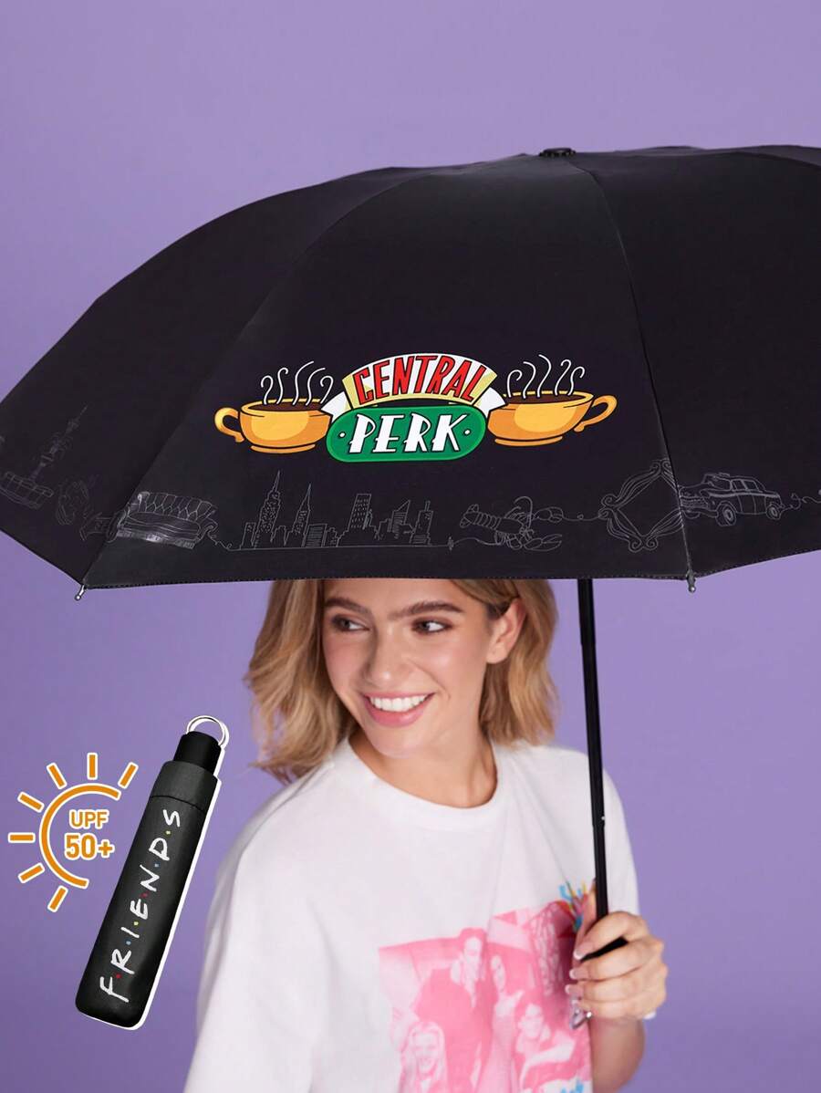 FRIENDS X SHEIN 1 pieza Paraguas plegable de 4 pliegues con estampado de taza de café, con función de protección solar y varilla elevada para un uso cómodo, adecuado para la escuela, el trabajo, salidas y uso diario, diseñado específicamente para estudiantes universitarios, estudiantes de secundaria, hombres y mujeres, perfecto para regalar a amigos