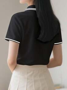 Resyla 女士夏季爱心条纹短袖休闲Polo衫图案T恤女式上衣 - 黑色 - 查看 4