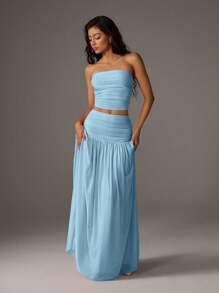 TRNVIE 2pcs/Set Women Vacation Romantic Pink Mesh Bandeau Top And High Waist Ruched Mesh Maxi Skirt, Spring/Summer - Baby Blue - View 5