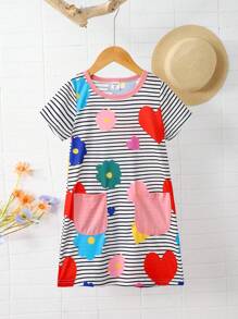 Girls Casual Comfortable Colorful Floral Print Patchwork Pink Striped Round Neck Dress Summer Holiday - Multicolor - View 3