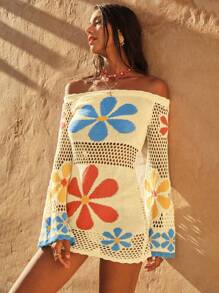 Swim Chiccia Women's Dopamine Print Floral Off Shoulder Loose Beach Cover-Up, Vintage Countryside Style Sweet Hollow Out Mesh Long Sleeve Flare Cuff Knit Maxi Dress For Spring/Summer Holiday