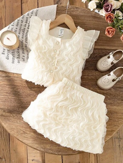 SHEIN Elladie kids Garden Girls Korean Style Fashionable Floral Applique Cap Sleeve Blouse + Skirt 2pcs Set, Cute And Sweet For Summer Summer Holiday