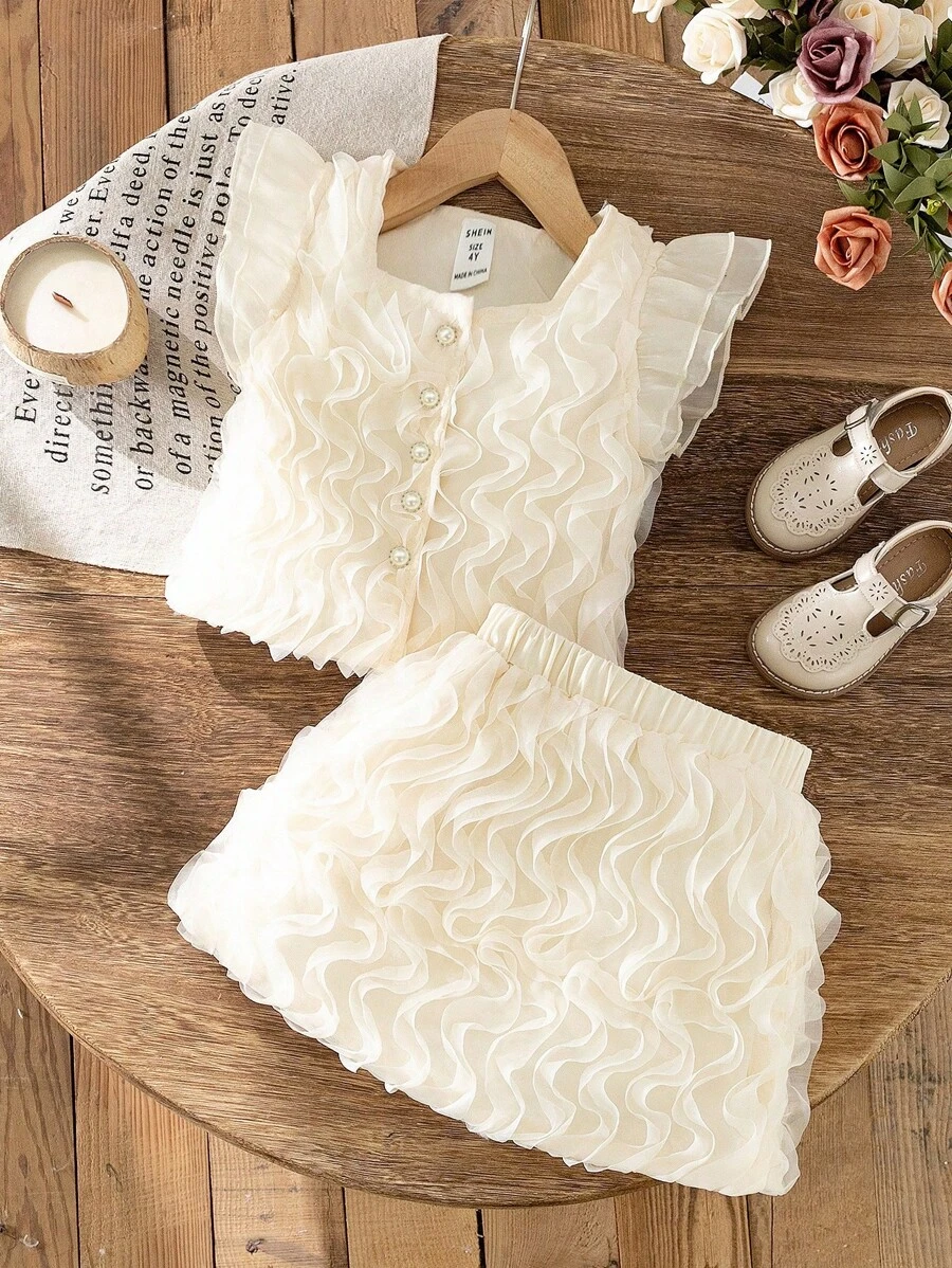 SHEIN Elladie kids طقم تنورة وبلوزة مزخرفة بالأزهار على أكمام قصيرة على الطراز الكوري الأنيق، 2 قطعة مجموعة، جميلة وحلوة للصيف - لون مشمشي - مشاهدة 1
