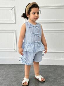 SHEIN Setelan Atasan dan Celana Pendek Tanpa Lengan Kerah Bulat Minimalis Kasual untuk Anak Perempuan - Biru - View 4