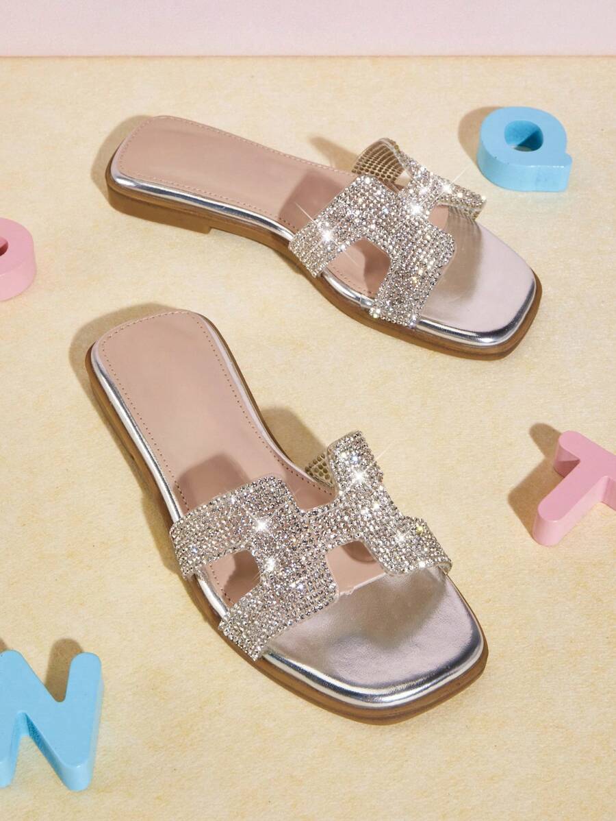 Mini mi 儿童透明闪亮银色水钻 H 型拖鞋凉鞋 - 舒适、奢华、永恒的风格 - 銀色 - 查看 1