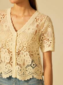 CAJUNI 女式波西米亚风热带钩针纹理短袖夹克 - 彩色 - 查看 5