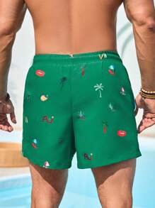 Manfinity Swimmode 男士图案印花口袋抽绳腰部沙滩短裤，适合夏季男士泳装男士沙滩装