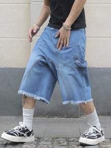 Manfinity EMRG Pantaloni scurți din denim pentru bărbați, cu tiv zdrențuit, lejeri, casual, de 5 inci