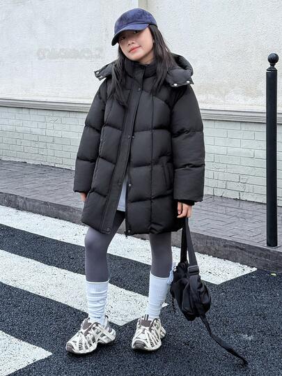 DAZY Tween Girls Hooded Casual Korean Style Solid Color Cute Long Sleeve Padded Coat, Winter