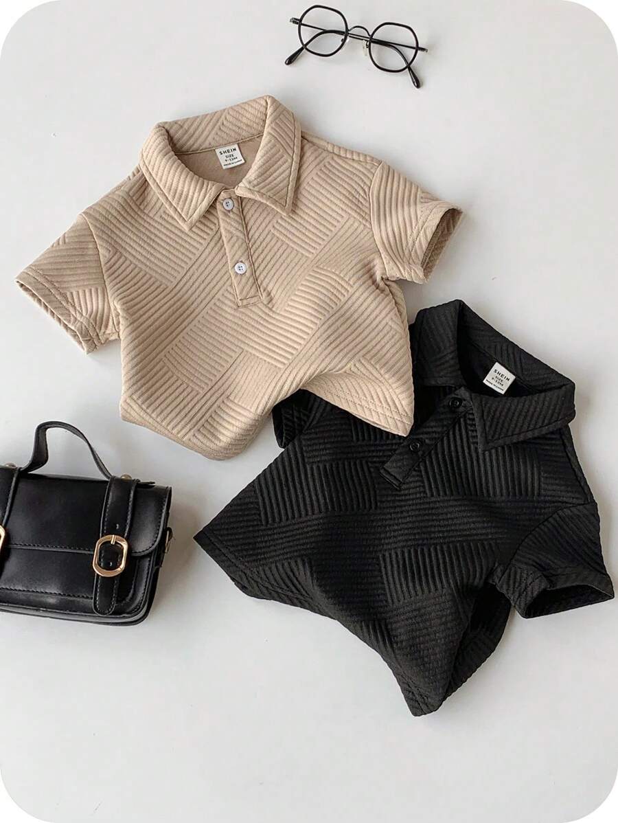 SHEIN 2pcs Baby Boy & Baby Girl Spring/Summer Solid Color All-Match Polo Collar Short Sleeve Top Sets, Versatile & Cute, Suitable For Birthday Party, Evening Event, Performance, Wedding, Baby Shower, And 1st Birthday Celebration