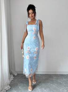 Rafferiza 女士刺绣网眼优雅下午茶日常外出迷你连衣裙，肩部收腰修身后开衩蓝色无袖中长连衣裙 - 藍色 - 查看 6