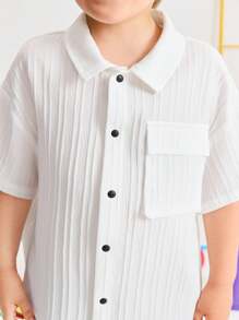 SHEIN Young Boy Loose Casual Minimalist Comfortable Turndown Collar Utility Pocket Decorated Short Sleeve Shirt - White - View 4
