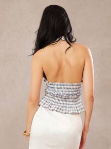 L'Amorae Women's Plaid Halter Neck Top, Fashionable For Summer - Blue and White - View 5