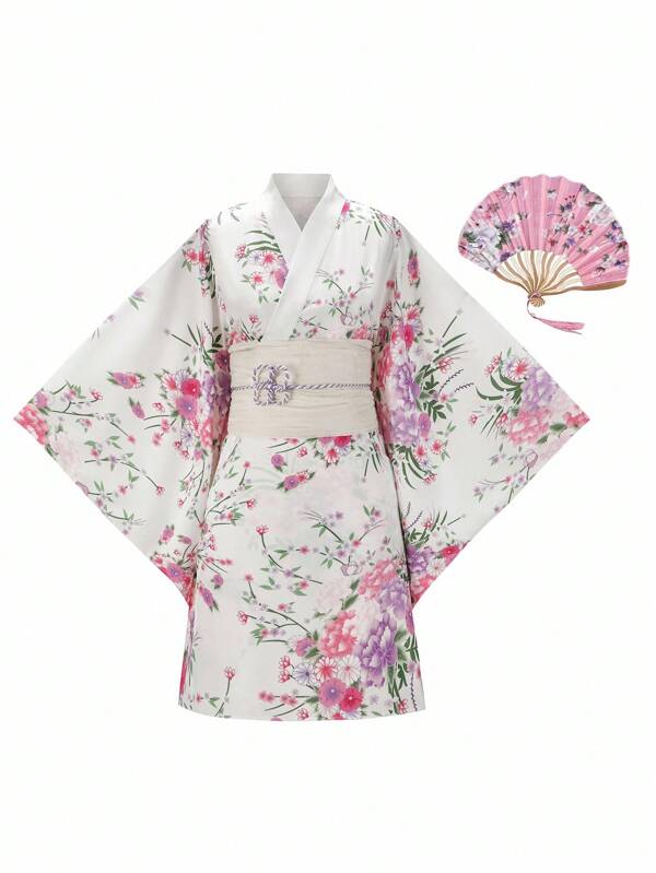 Irokai Floral Print V-Neck Bohemian Style Casual Kimono Japanese Women's Traditional Floral Print Pink Yukata Bowknot Yukata (Modified Japan Style Kimono Robe), Easy Wearing