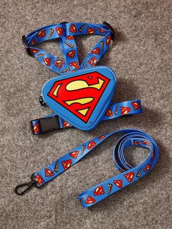 SUPERMAN X SHEIN 3 Pezzi Set Trasportino per Animali Domestici Stampato Graficamente, 1 Trasportino Regolabile, 1 Borsa, 1 Guinzaglio, Logo