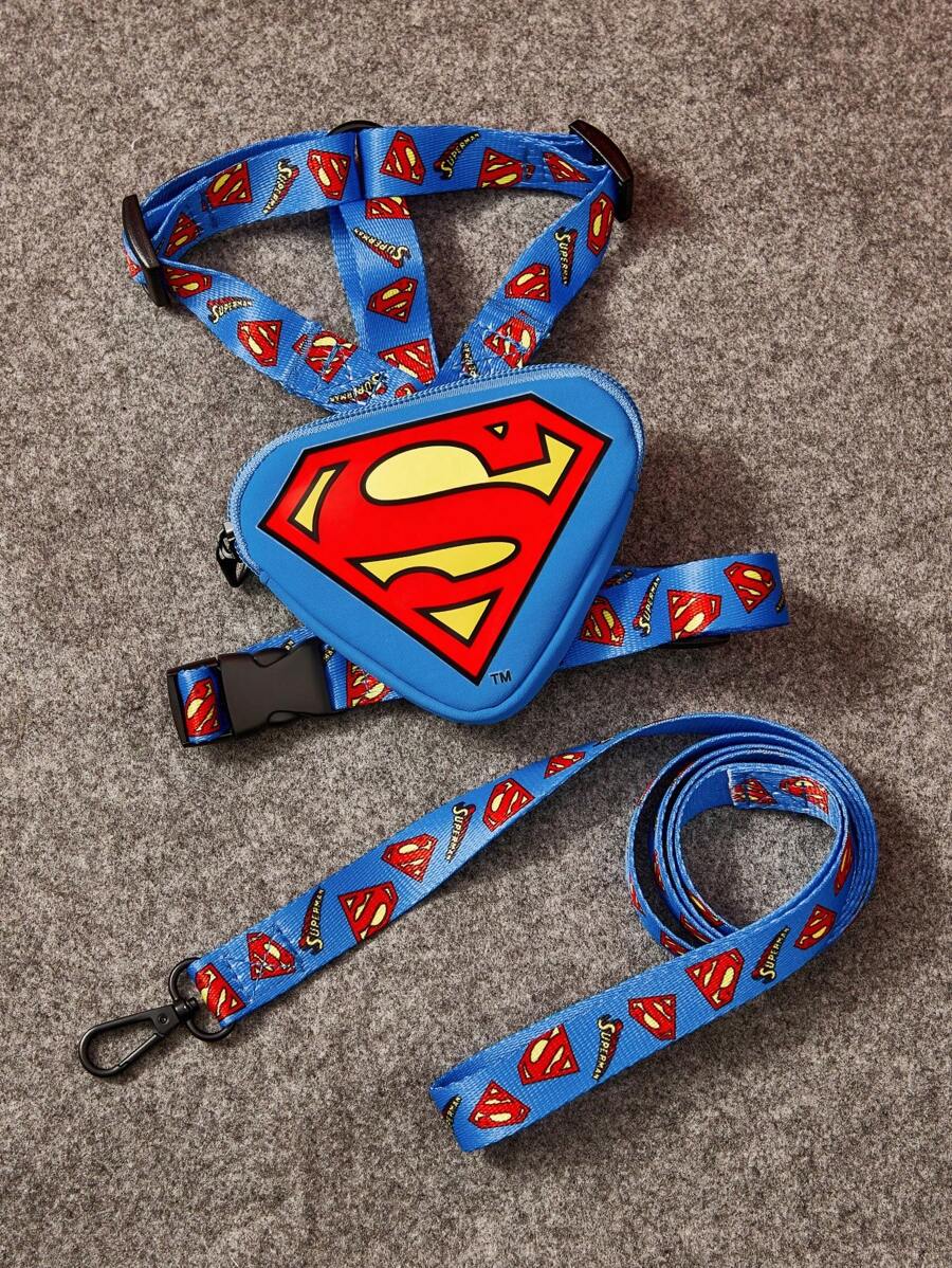SUPERMAN X SHEIN 3pcs Graphic Printed Pet Carrier Set, 1 Adjustable Carrier, 1 Bag, 1 Leash, Logo, Super Hero
