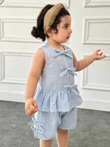SHEIN Setelan Atasan dan Celana Pendek Tanpa Lengan Kerah Bulat Minimalis Kasual untuk Anak Perempuan - Biru - View 6