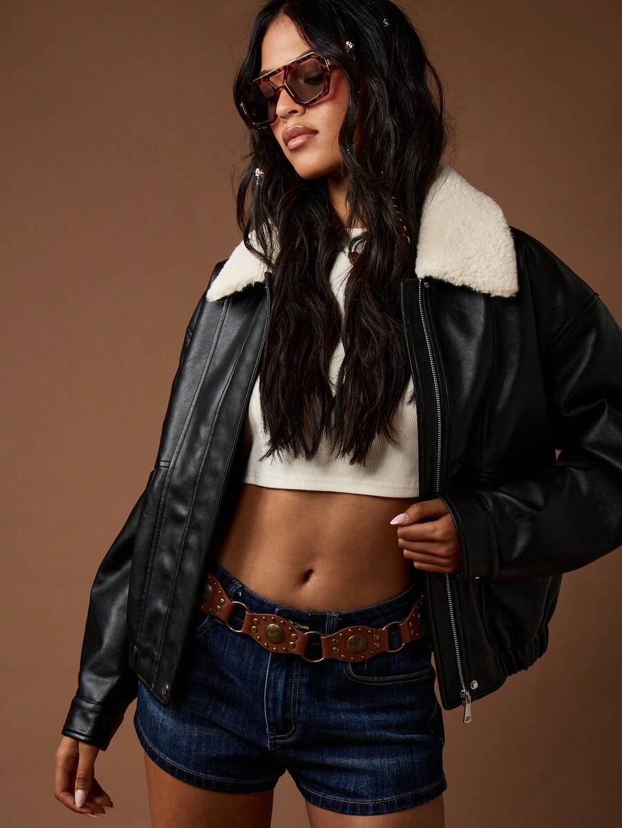 MISSGUIDED 仿皮飞行员夹克，羊羔绒领，冬季时尚，摩托车风格，休闲外套，个性拉链前开，街头风格 - 黑色 - 查看 1