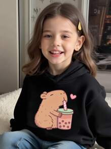 少女黑色休闲时尚创意可爱卡通动物爱喝水仓鼠水豚印花套头卫衣，水豚图案，适合女孩穿着，可爱卫衣，女童水豚卫衣，秋冬款 - 黑色 - 查看 3