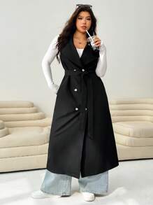 Solflare Women Plus Size Black Sleeveless Casual Trench Coat Sleeveless Blazer Winter Fall Autumn