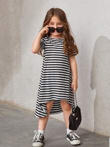 SHEIN NovaGlow Young Girl Young Girl Striped High Low Hem Tee Dress