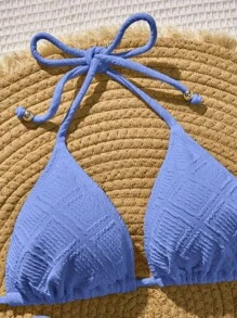 Swim Vcay Conjunto de bikini de mujer de unicolor, estilo halter con lazadas, sexy, para la playa de verano - Azul - Ver 4