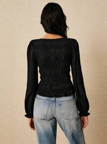 Poéselle 女式纯色圆领休闲百搭长袖上衣 - 黑色 - 查看 5