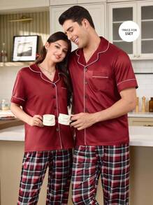 2pcs Casual Plaid Print Matching Couple Homewear Set - Burgundy - View 5