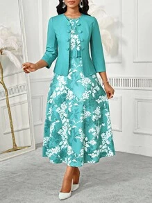 SHEIN Lady Completo da donna con vestito midi con stampa astratta a onde, semplice, collo rotondo, con cintura, adatto per occasioni come uscite, feste, compleanni, eventi, ufficio, chiesa, matrimoni, vacanze. Vestiti casual e formali per donna, adatti per cerimonie, ufficio, lavoro, matrimoni, vacanze.