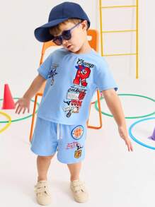 SHEIN Young Boy Casual Loose Minimalist Comfortable Round Neck Short Sleeve Drop Shoulder T-Shirt And Shorts Set - Blue - View 5