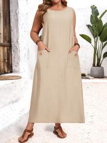 EMERY ROSE Vestido Casual de Regata com Decote Redondo e Dois Bolsos em Cor Sólida para Mulheres Plus Size