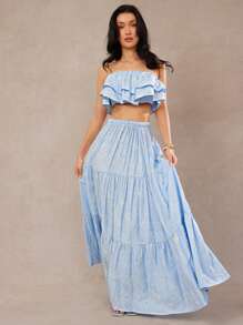 L'Amorae Elegant Vacation Tiered Ruffle Flouncy Maxi Skirt - Blue - View 1