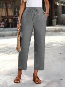 EMERY ROSE Pantalones recortados rectos informales con bolsillo y cintura con lazada en unicolor para mujeres