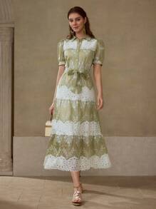 MOTF PREMIUM GREEN COLOR BLOCK HOLLOW OUT EMBROIDERED LACE PATCHWORK ELEGANT CASUAL VACATION EVERYDAY DRESS - Green - View 3