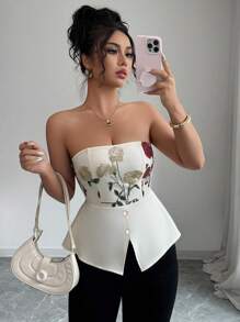 INAWLY Women Floral Embroidered Fashion Button Camisole Top - Hot Pink - View 5