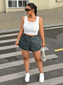 SHEIN EZwear Plus Size Women Loose Casual Houndstooth Pocket Shorts, Spring - Blue and White - View 6