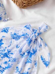 SHEIN Tween Girls 3pcs Printed Halter Bikini Set With Wrap Skirt, Suitable For Beach Vacation & Swimming - Pink - View 4