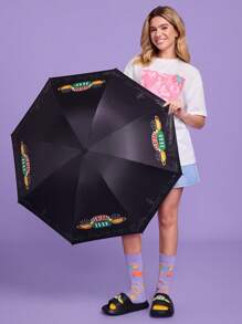 FRIENDS X SHEIN 1 pieza Paraguas plegable de 4 pliegues con estampado de taza de café, con función de protección solar y varilla elevada para un uso cómodo, adecuado para la escuela, el trabajo, salidas y uso diario, diseñado específicamente para estudiantes universitarios, estudiantes de secundaria, hombres y mujeres, perfecto para regalar a amigos