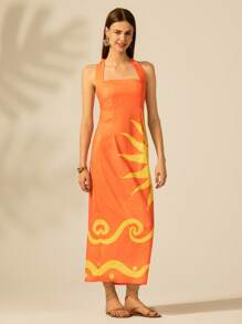 CAJUNI 女式夏季度假海滩休闲热带波西米亚风格橙色波浪印花露背中长连衣裙 - 彩色 - 查看 4