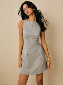 Poéselle Women's Striped Print Round Neck Sleeveless Short Casual Dress,Grey Summer Elegent Office Business Vintage Classy Outfits For Women Old Money Fall - Khaki - View 1