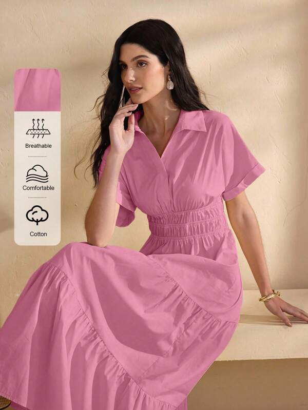 Graceveil 时尚褶饰腰部弹性设计翻领黄色连衣裙