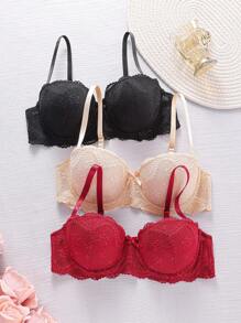 SHEIN 3 件套蕾丝边钢圈聚拢文胸，带不可拆卸衬垫，1/2 罩杯，适合女士 - 彩色 - 查看 6