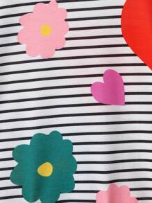 Girls Casual Comfortable Colorful Floral Print Patchwork Pink Striped Round Neck Dress Summer Holiday - Multicolor - View 5