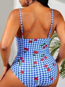 Swim Mod 大码樱桃印花格子连体泳衣，度假和海滩 - 黑色 - 查看 2